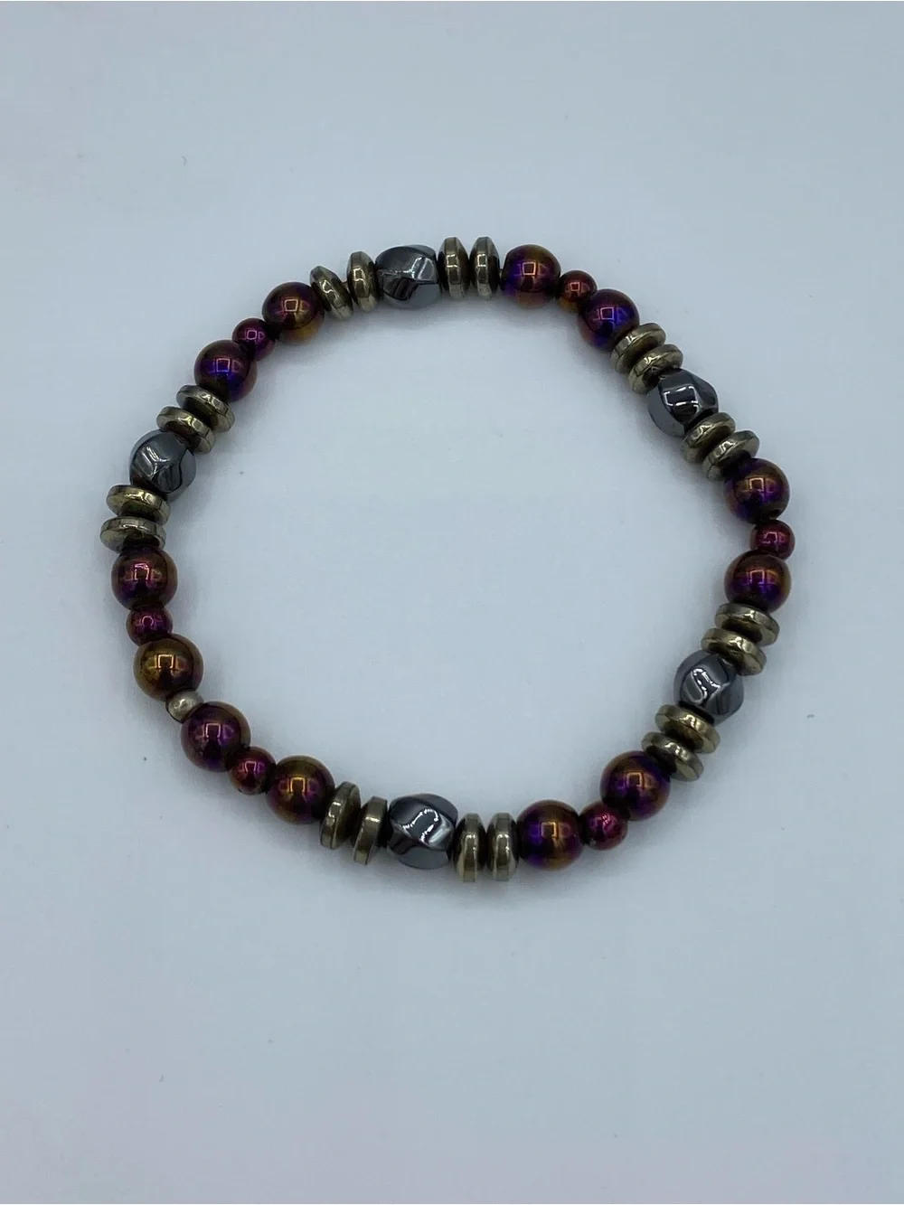 Hematite and Iridescent Purple Beaded Stretch Bracelet